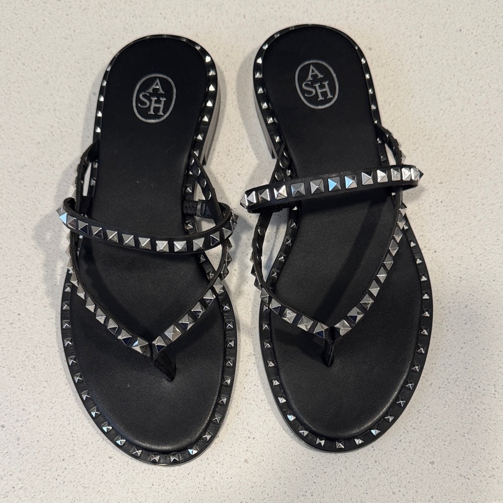 ASH Pulse Black Leather Stud Slide Sandals size 6.5 NEW